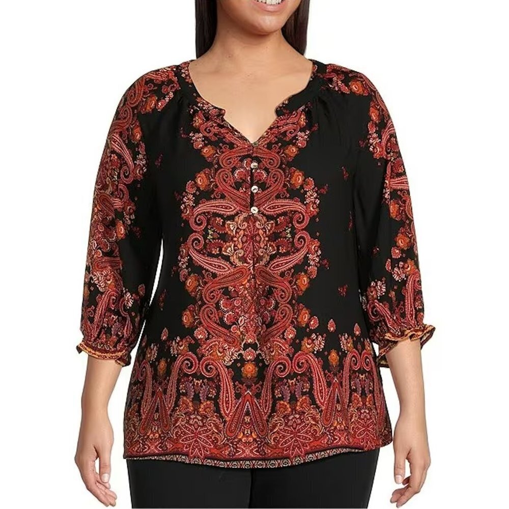 NWT New Figueroa & Flower Paisley Placement Print 3/4 Sleeve Top Size 3X